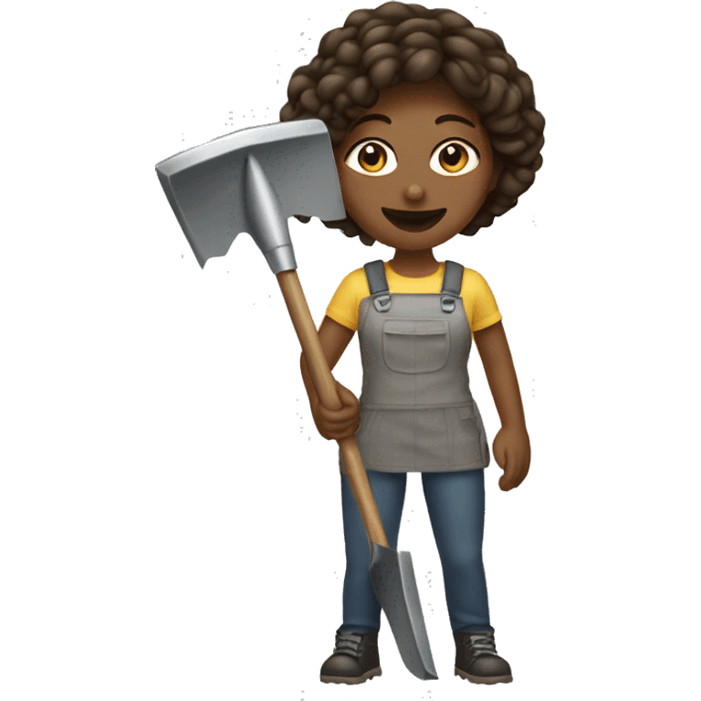 Woman holding one metal shovel with pale skin and hair brown highlights long wavy emoji