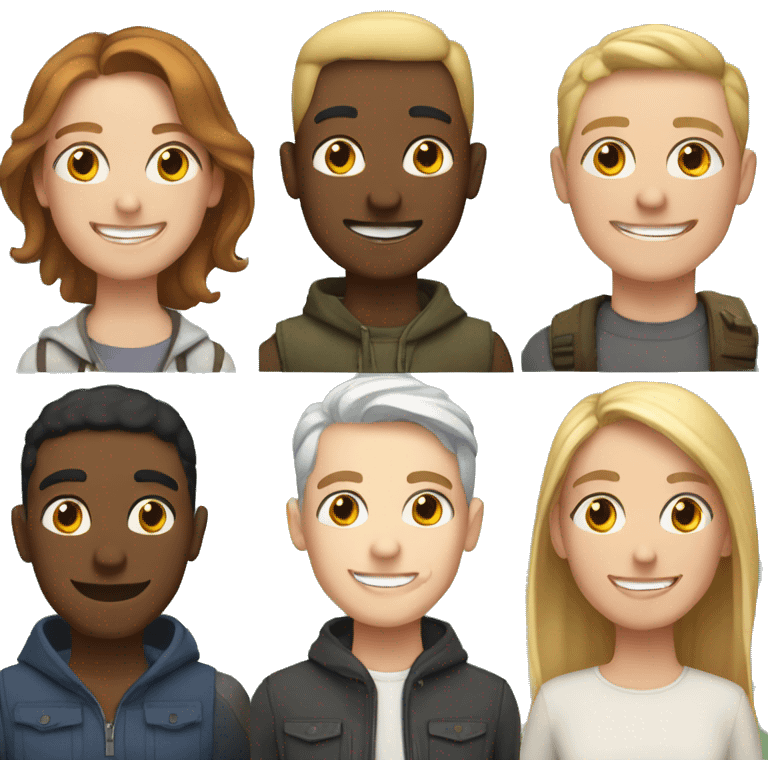 6 smiling white friends outdoors together, 2 male, 4 female emoji