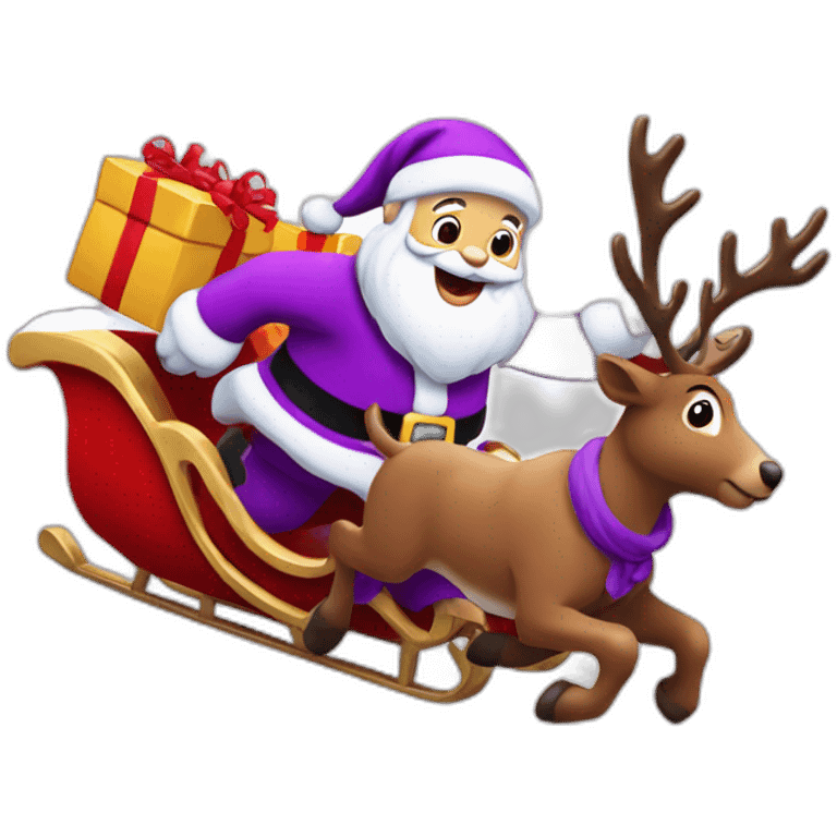 Santa Claus dressed in purple running with his sleigh and reindeer to deliver presents emoji