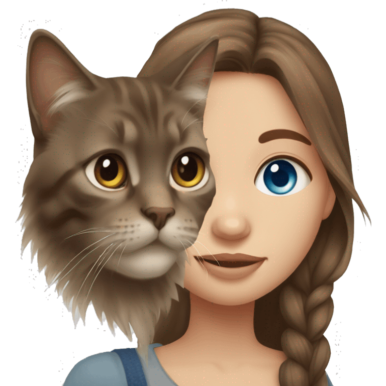 Russian girl bleu eye and long brown hair and maine coon cat emoji