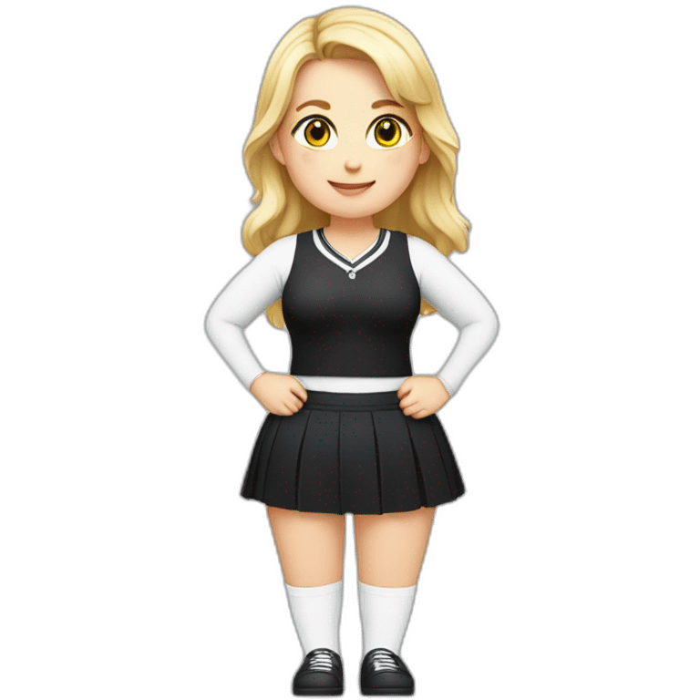 Front view full body curvy caucasian beauty sitting straight hands up black skirt white knickers white socks emoji