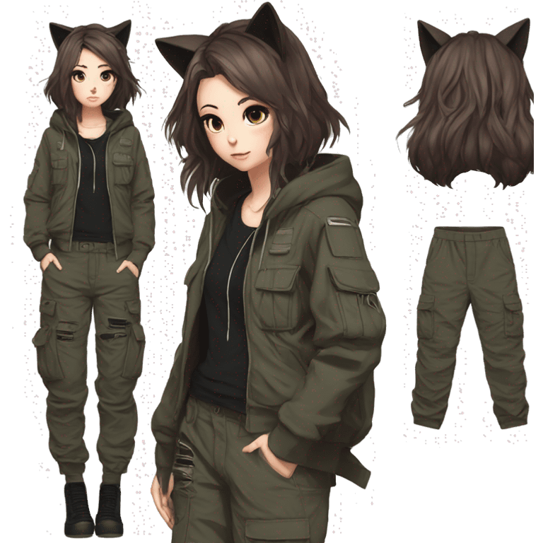 Edgy cool shy urban beautiful pretty anime punk tomboy with cat ears techwear cargo pants hoodie brown hair collar  emoji