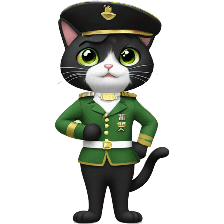 a tuxedo cat with a black mustache waving hi in a green soldier uniform emoji