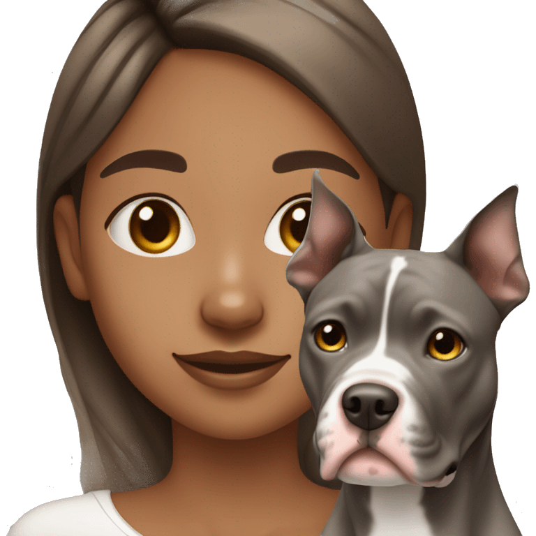 Brown skin girl, petting gray, and white pitbull with spots on nose dog emoji