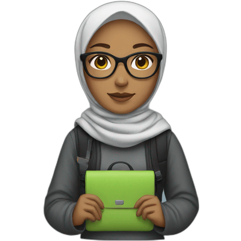 A girl wearing a hijab, glasses, and a laptop bag emoji