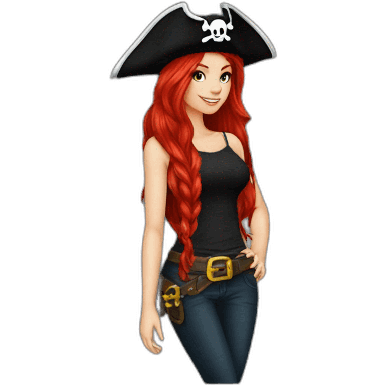 Woman long red hair on one side, tattoo on side of head.  pirate hat. skull and crossbones t shirt emoji