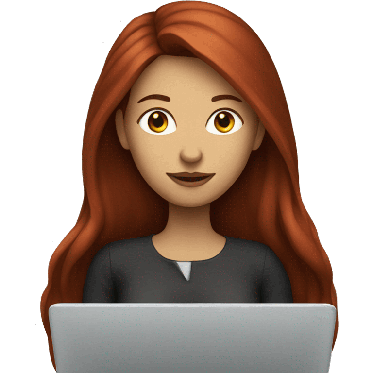 Woman that has Long Dark red hair coding on a laptop emoji