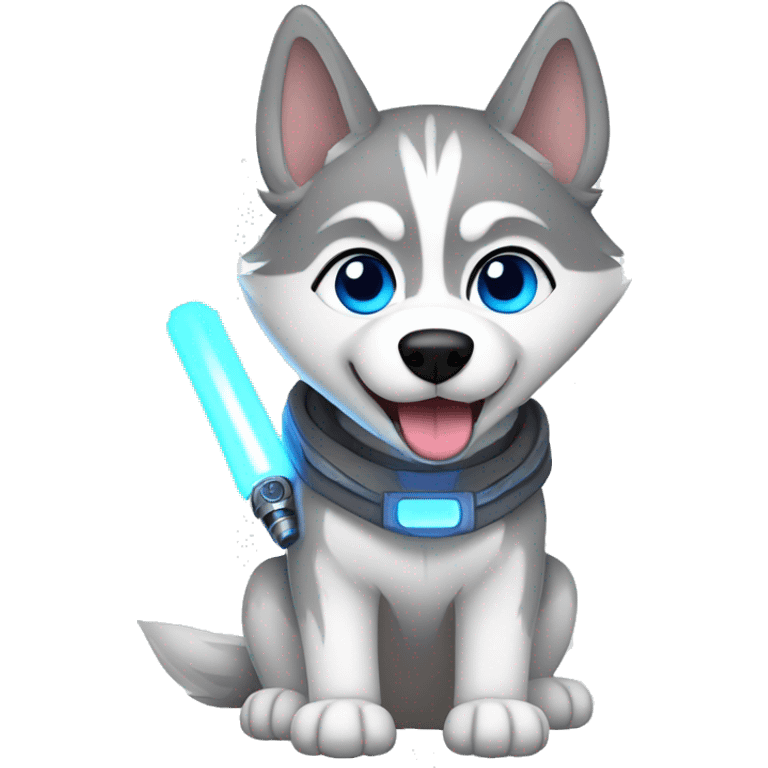 Gray Siberian Husky with blue eyes Jedi holding lightsaber  emoji