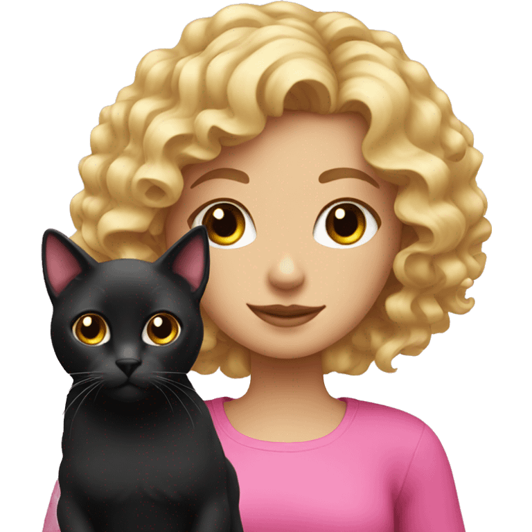 Blonde curly pink girl with black cat emoji