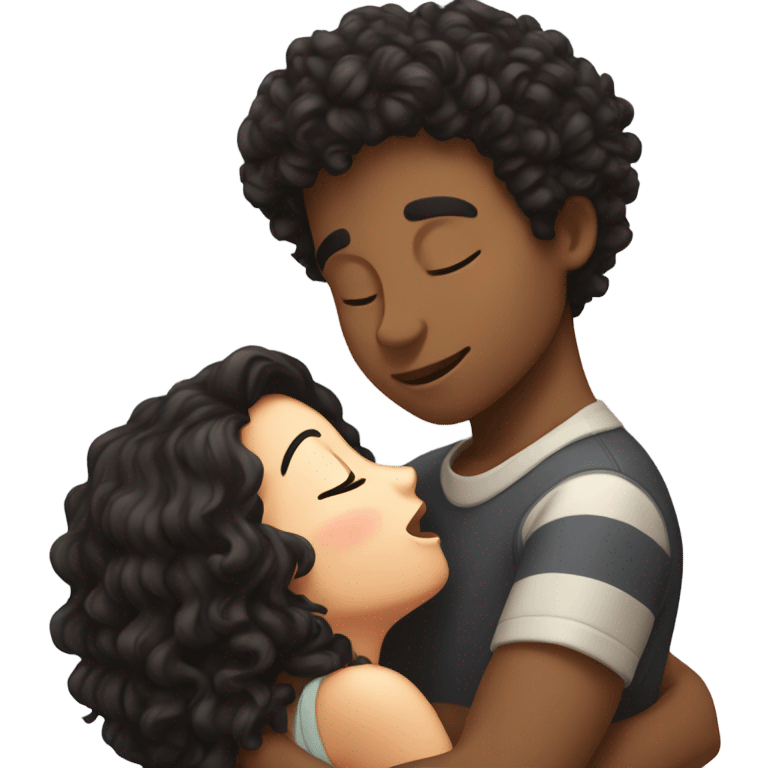 curly black haired boy and brunette girl kissing with their eyes closed emoji