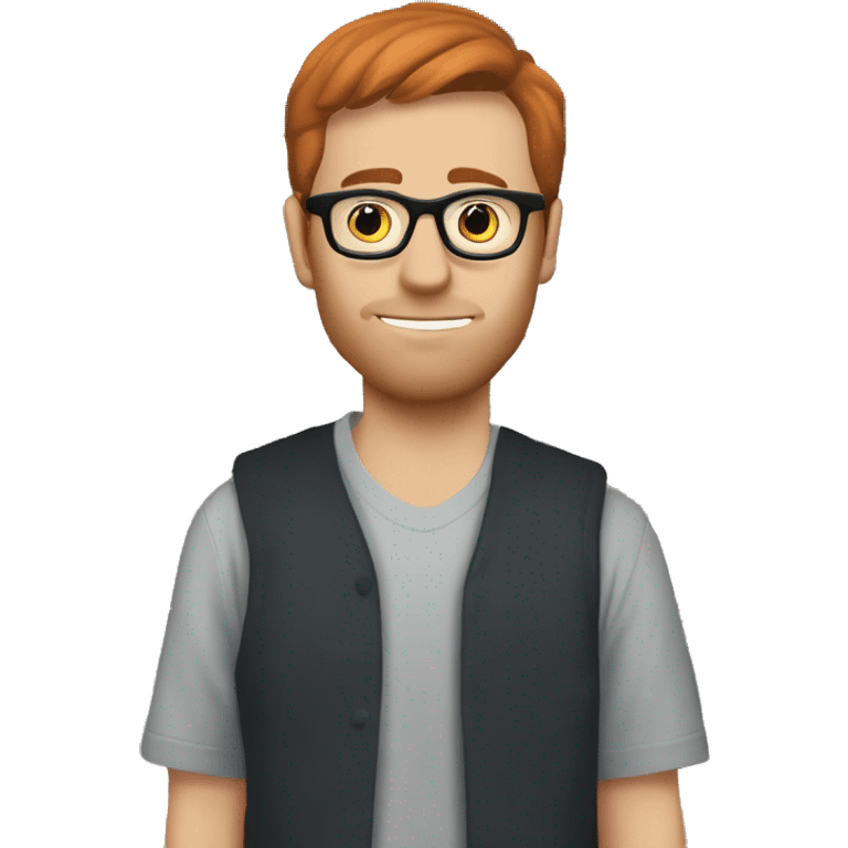 Man with short auburn hair and round glasses looking for a vinyl record outside a house emoji