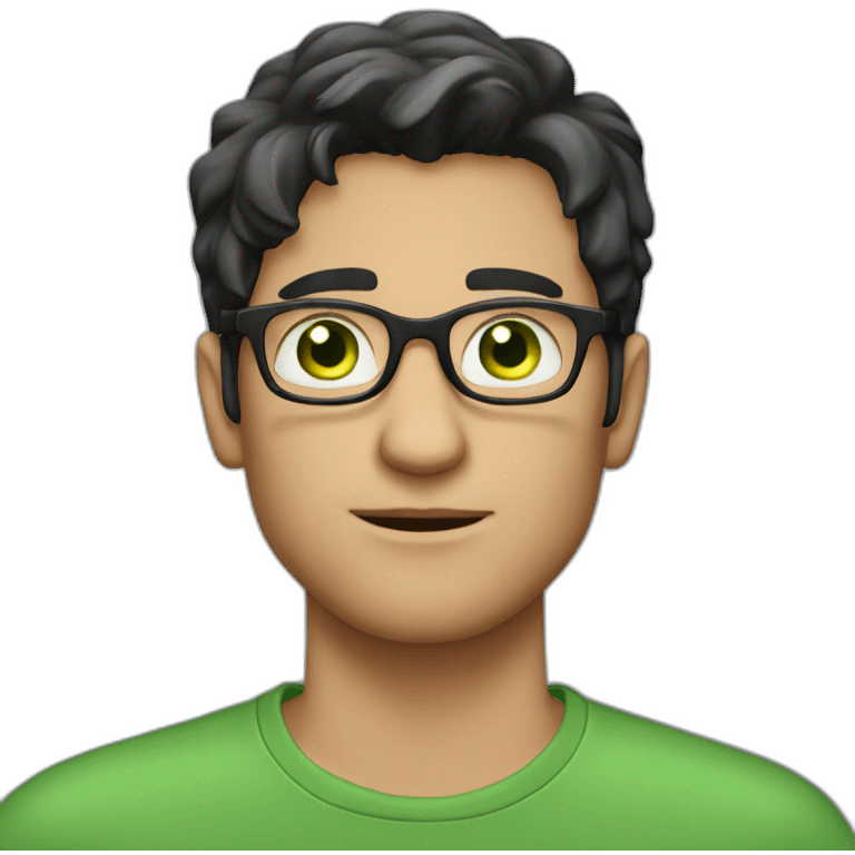 a guy with dark hair, green eyes and glasses. put his hand to his face and thought emoji