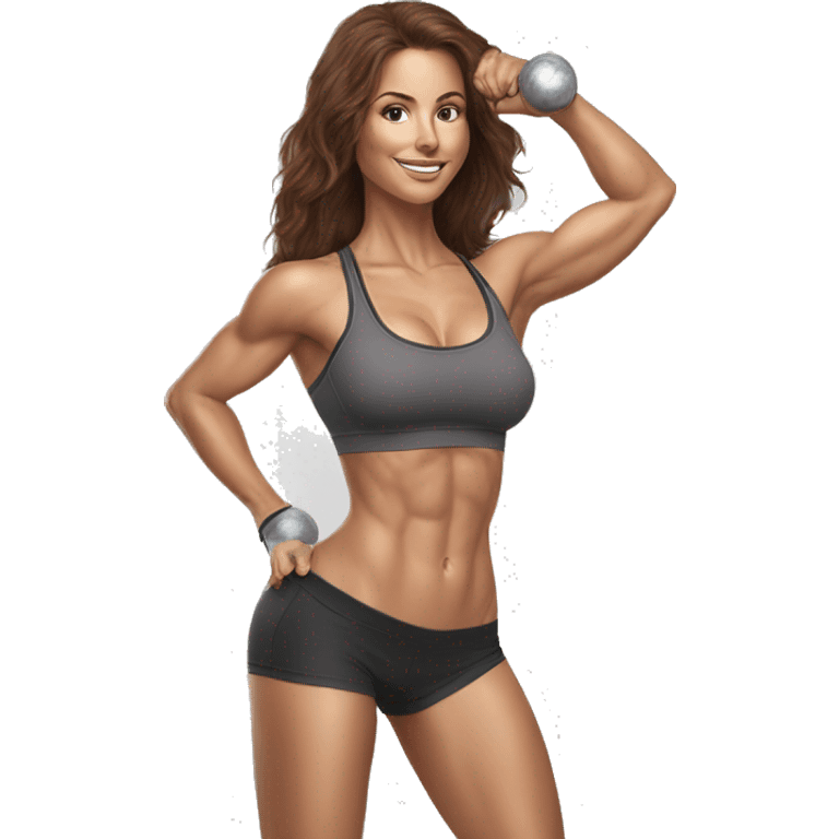 Hyperrealistic pencil drawing of athletic sexy girl with brown hair with kettlebell emoji