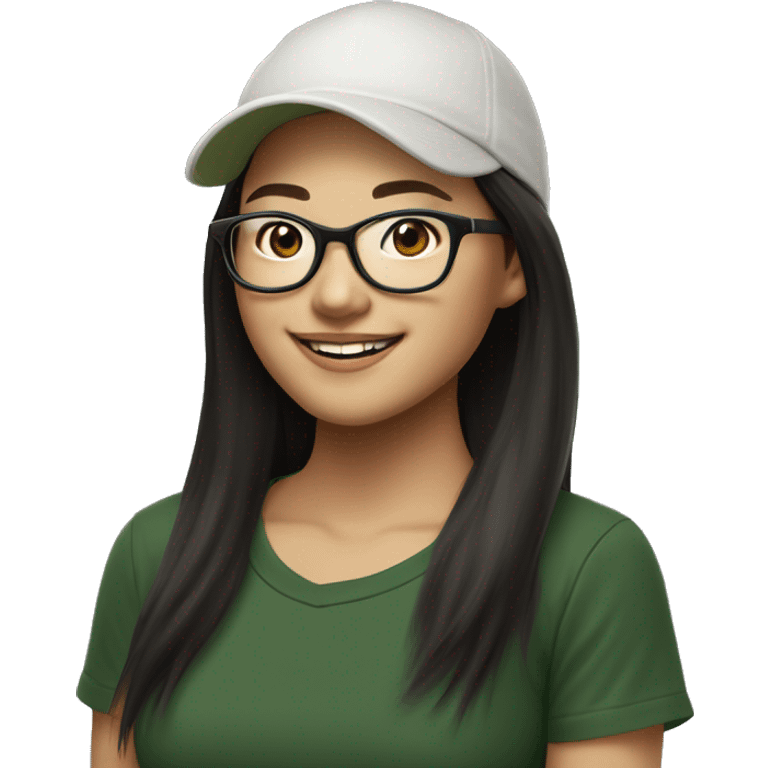 Hyper realistic, look from side, asian adult woman, light white skin, smiling with teeth, black eyes, spotted frame glasses, long brown straight hair with highlighted strands, black T-shirt, dark green cap. emoji