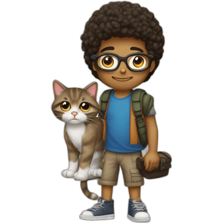 joven pelo castaño gafas cargando a gato atigrado emoji