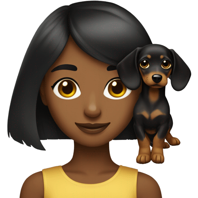 black neat bangs yellow skin girl holding a black and tan dachshund  emoji