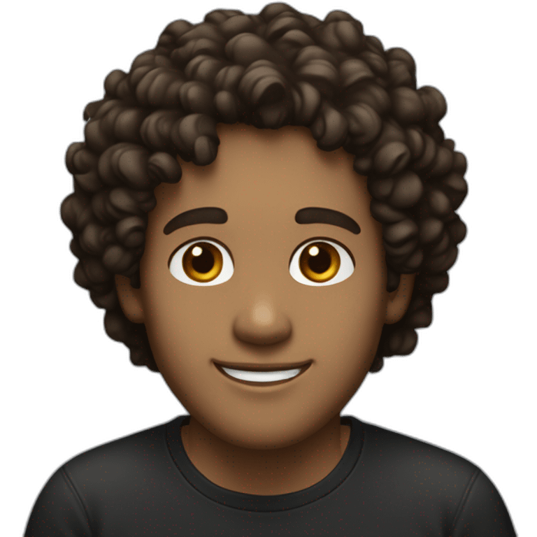 man with short dark brown hair curls on forehead with brown eyes smiling black shirt light skin emoji