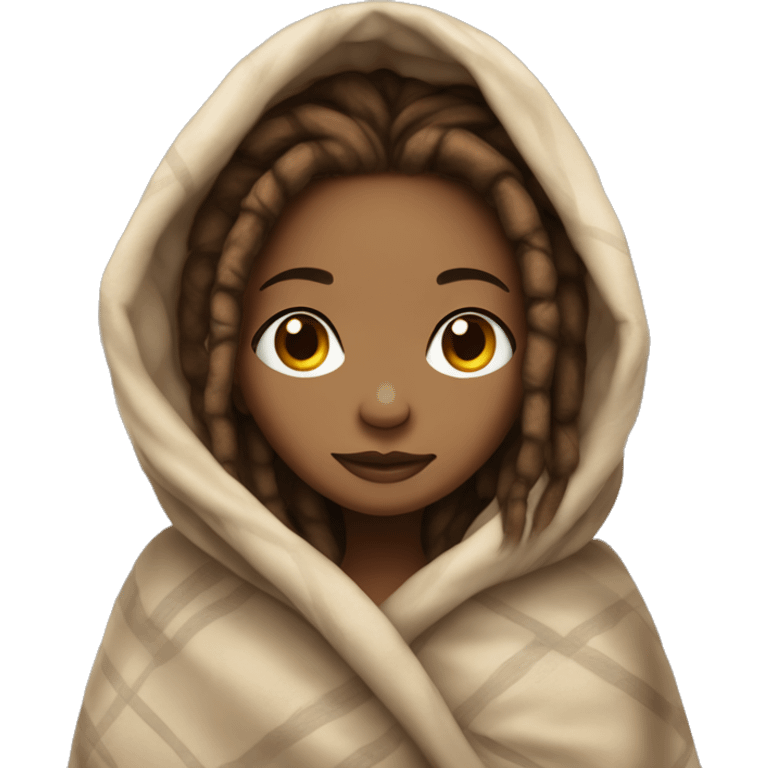 girl with brown dread loc hair and light skin cuddled in a blanket emoji