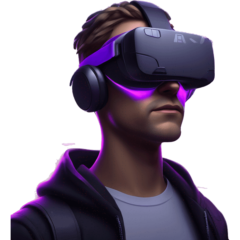 Russian man wearing a black hoodie with "OMG" letters on it and VR headset in a cyberpunk VR environment with violet neon lighting. emoji