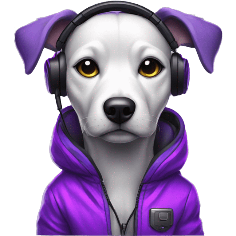 cyberpunk dog Editor with headphone wearing glowing purple jacket emoji