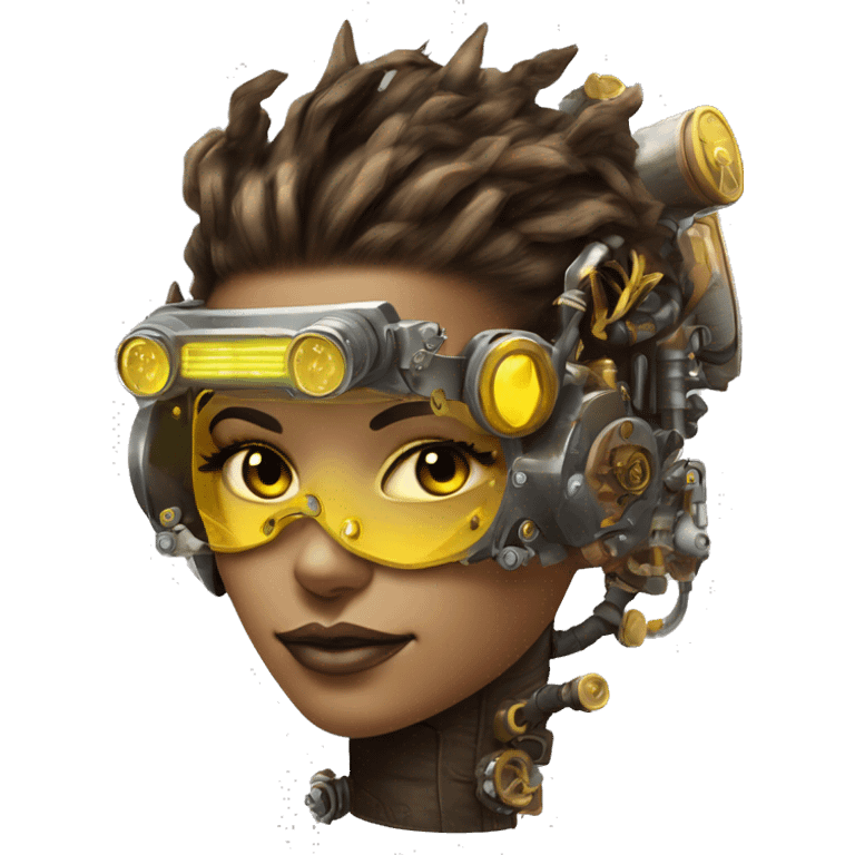 Brown with yellow streaks Mohawk hair female cyborg head, tan skin, steampunk goggles and circuits emoji