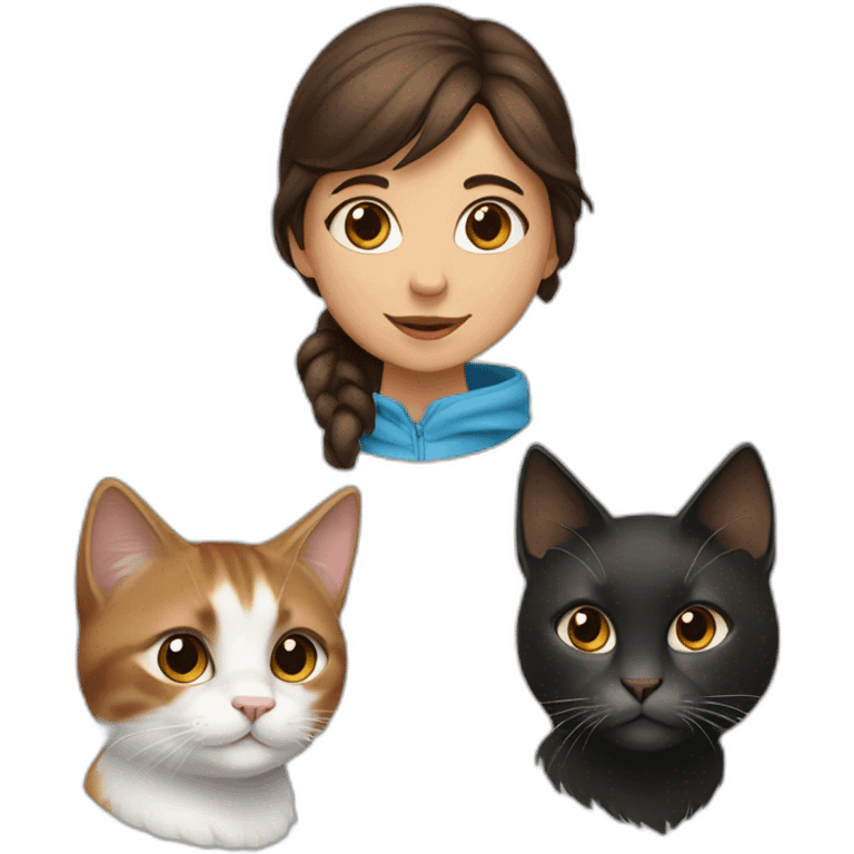 a young girl with brown hair and with two cats, one black and the other snowshoe emoji