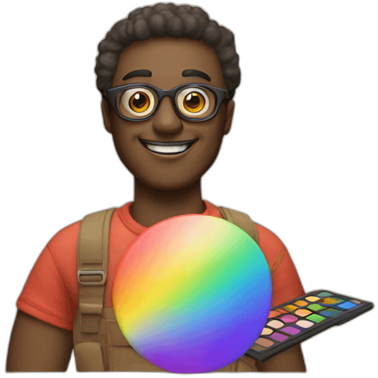 a rainbow with a human face with glasses, a smile and an artist palette by his side emoji