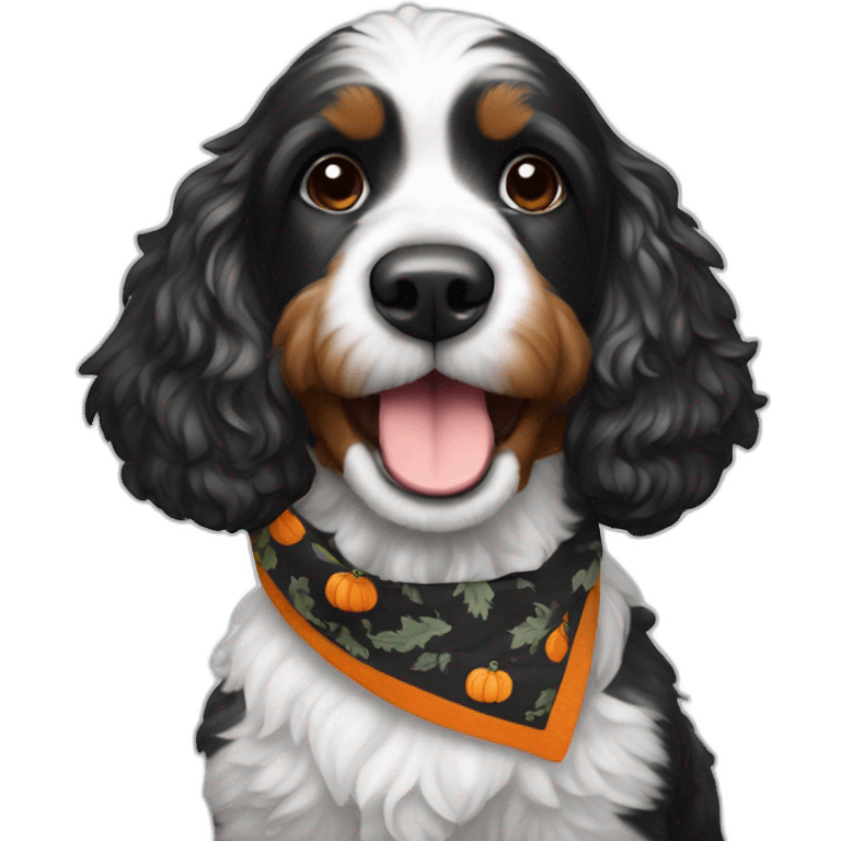 happy black and white cockapoo with a pumpkin and fall bandana emoji