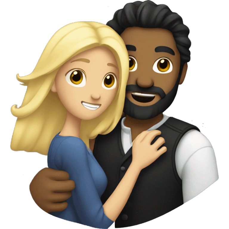 A man with black hair and a black beard hugging a blonde woman hair emoji