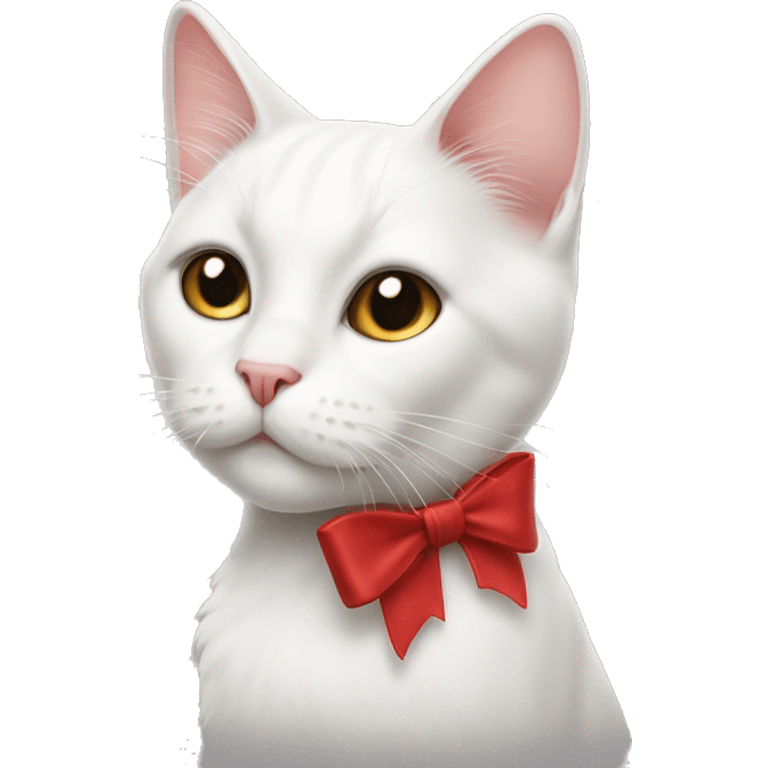 A white cat with black whiskers and a red bow on its right ear emoji