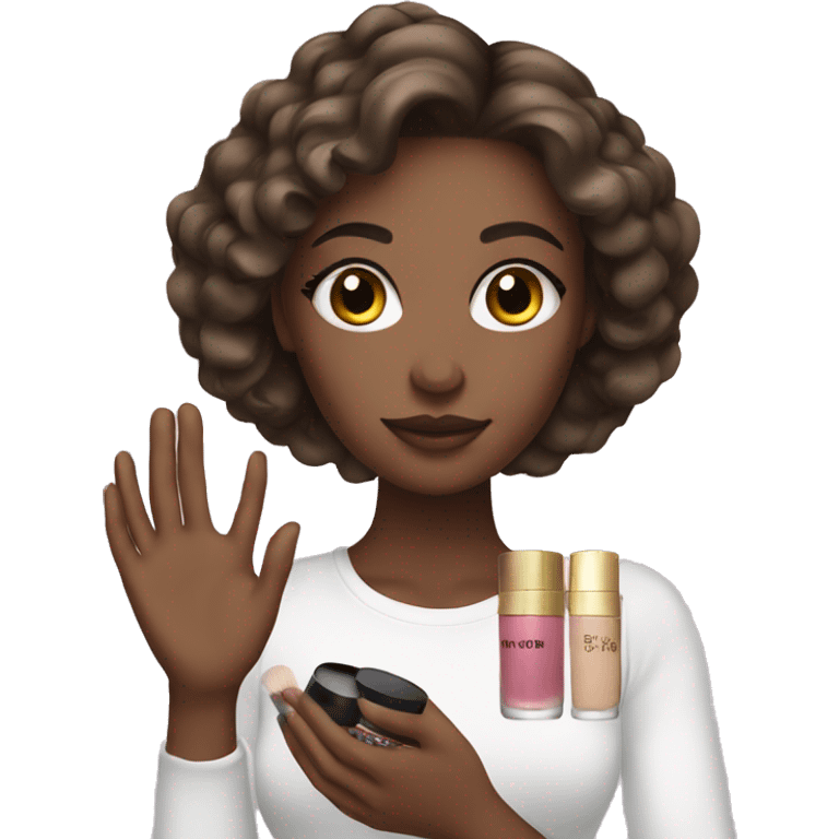 one white girl shows cosmetics in her hands emoji