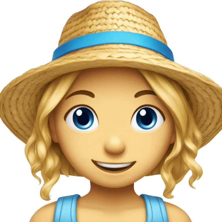 smiling girl in straw hat blue eye emoji