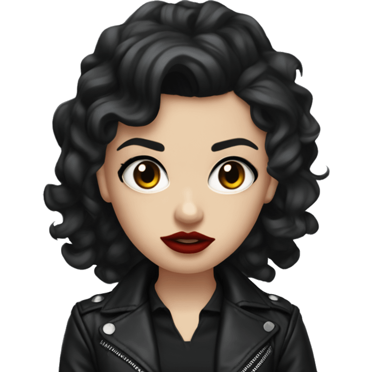 White girl, with long curly black hair, with red lipstick, black winged eyeliner, wearing black shirt and black leather jacket, rolling her eyes annoyed emoji