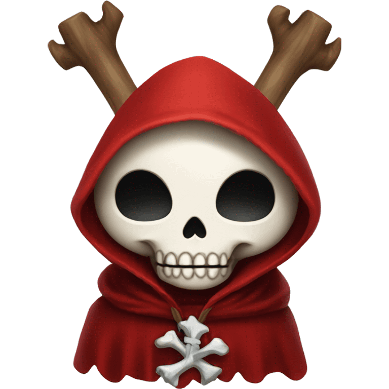 Cute, happy little skull wearing a red velvet hooded cloak with white fur trim. emoji