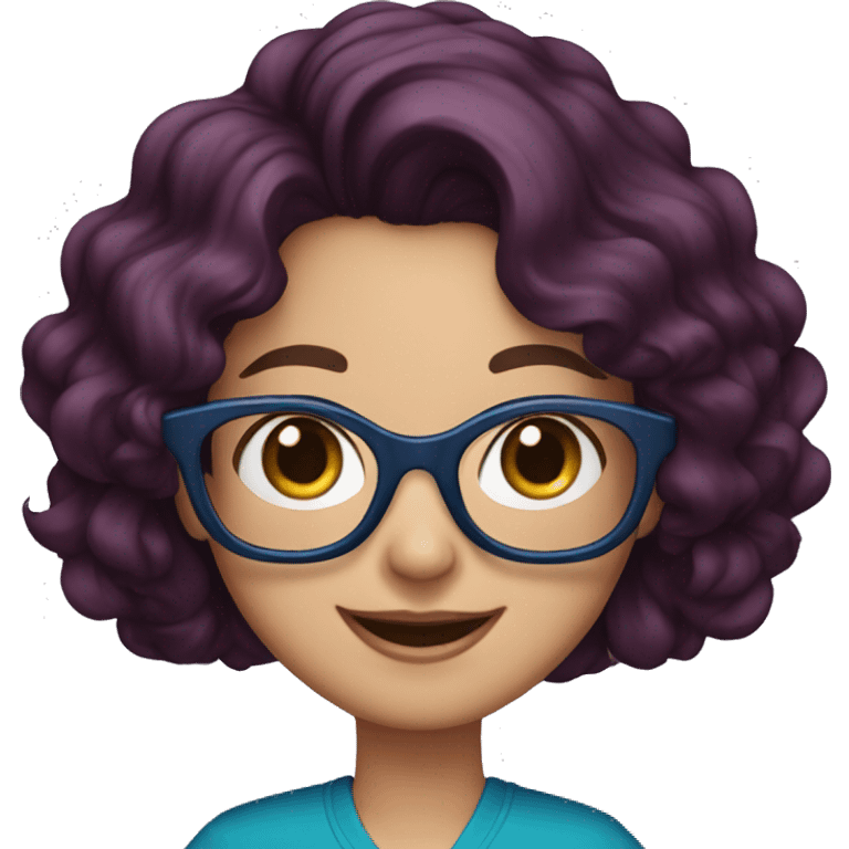 Smiling woman, dark violet wavy hair, blue eyes, big eyeglasses emoji