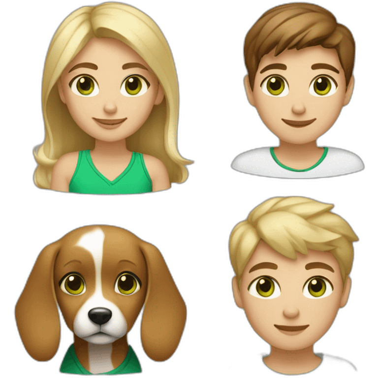 girl-with-brown-eyes-and-blonde-mid-hair-and-a-boy-with-brown-hair-and-green-eyes-and-one-bege-and-white-dog emoji