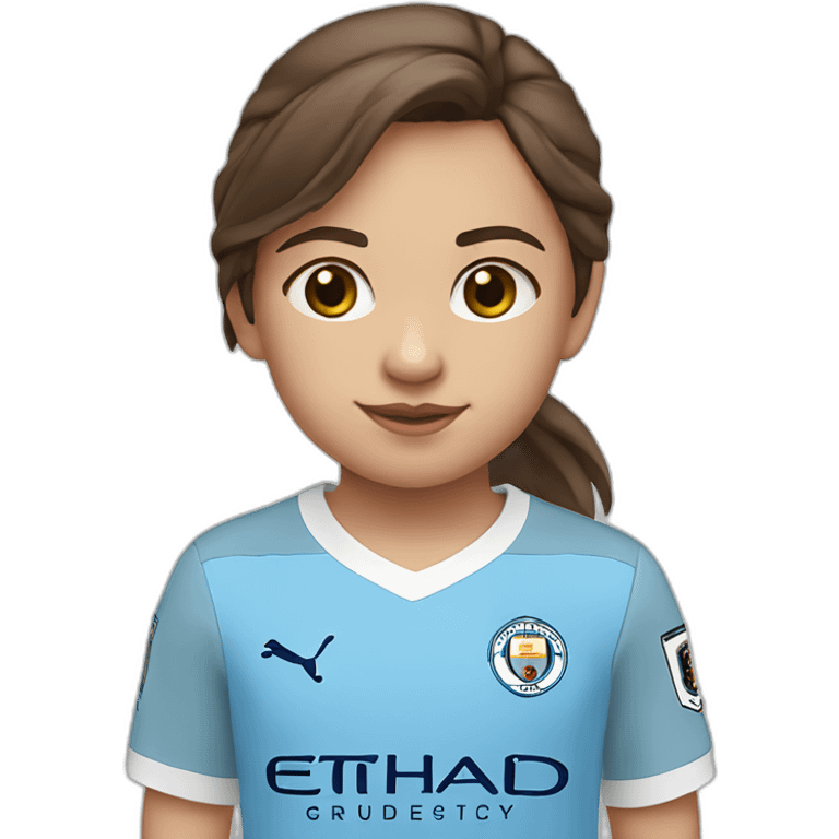 Little girl with brown hair and eyes wearing Manchester City football shirt emoji