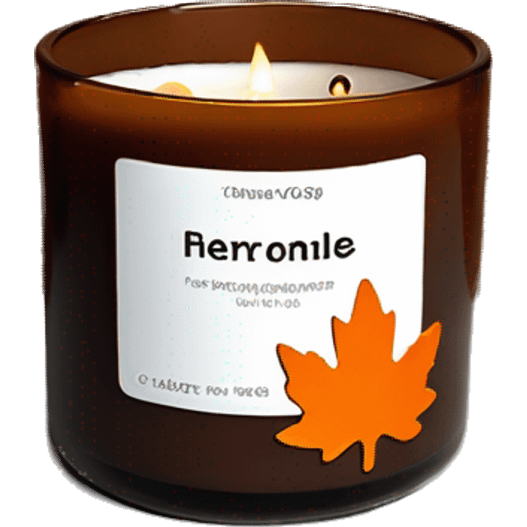 Realistic brown glass 3 wick candle with wicks lit and an orange glitter maple leaf as the label on outside of candle emoji