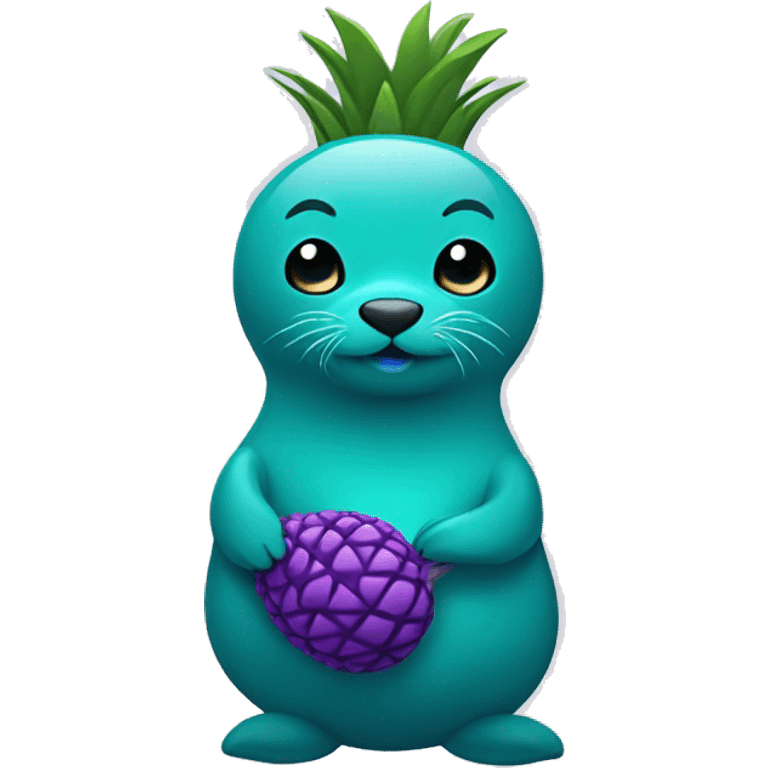 teal seal that is teal holding a purple pineapple that is purple emoji