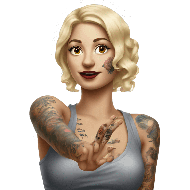 Blonde elegant women, her Body Covered with Tattoos, POINTING to YOU FORWARD with her ONE HAND , Hyper realistic emoji