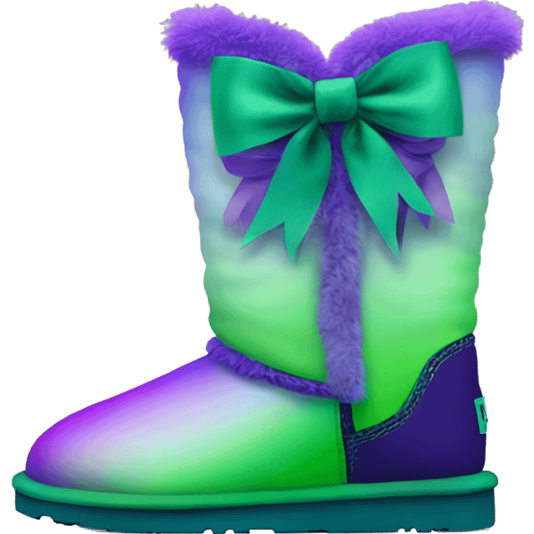 Realistic pair of green to purple ombre Ugg fur boots with silk ribbon bows. emoji