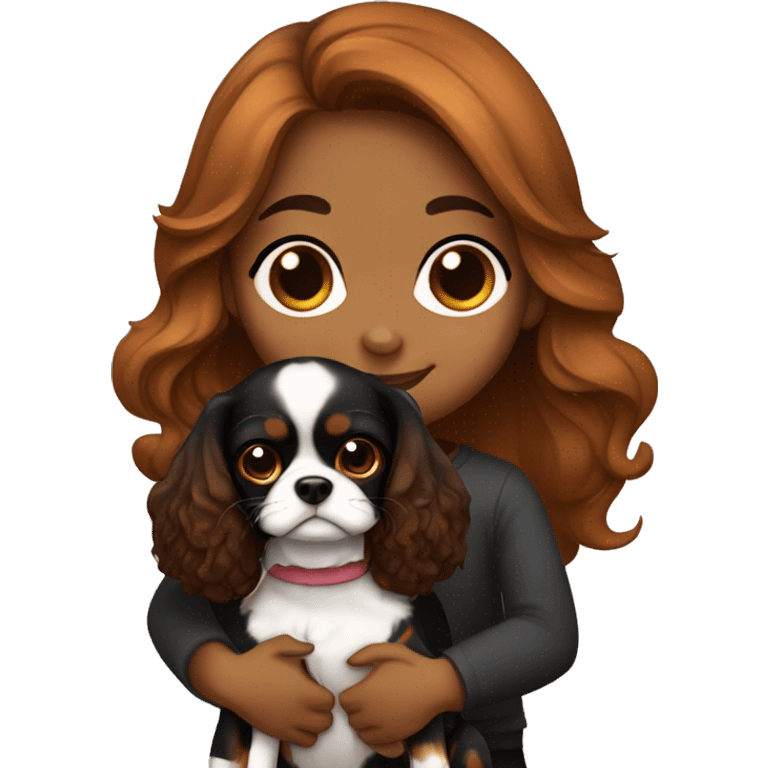 cute girl hugging two black and brown cavalier king charles spaniel  emoji