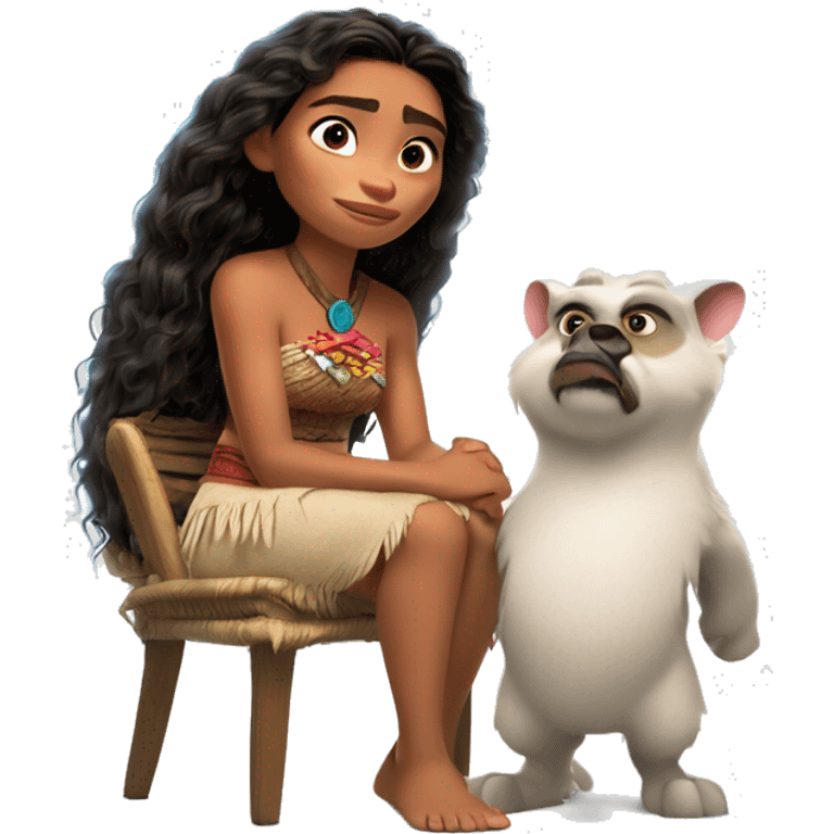 The hero Pua from the cartoon Moana sits on a chair. Moana is standing nearby. White background emoji