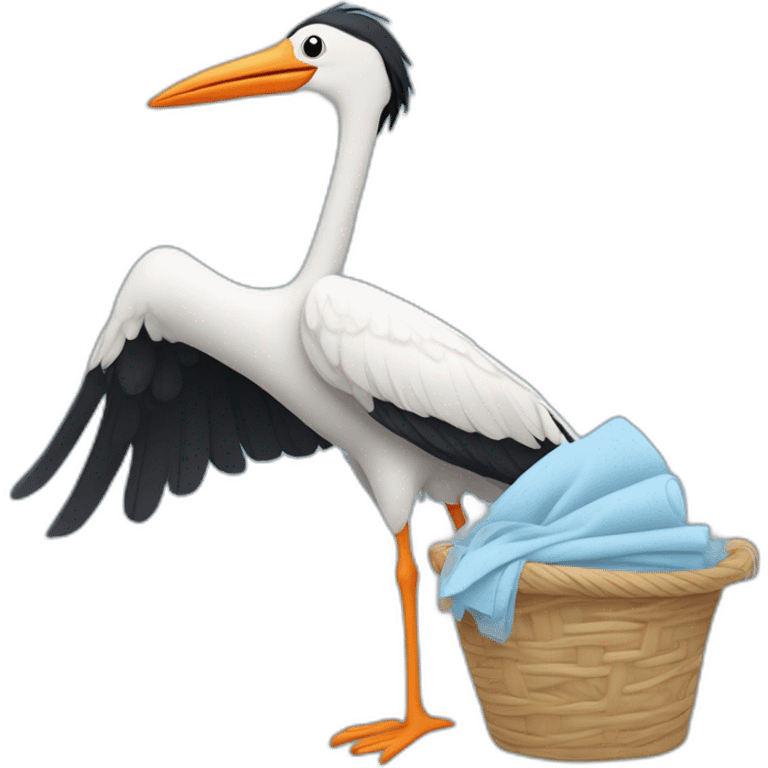 stork carrying a light blue bundle of cloth in its beak that has a human baby with dark hair and the baby face and head is peeking from the cloths bundle the strok is carrying with its beak emoji