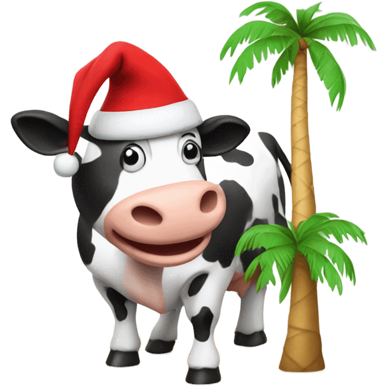 a cow riding a palm tree in a santa hat emoji