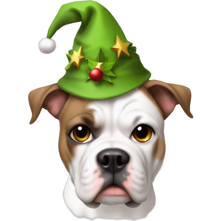 White & brown American bulldog with an elf hat on emoji