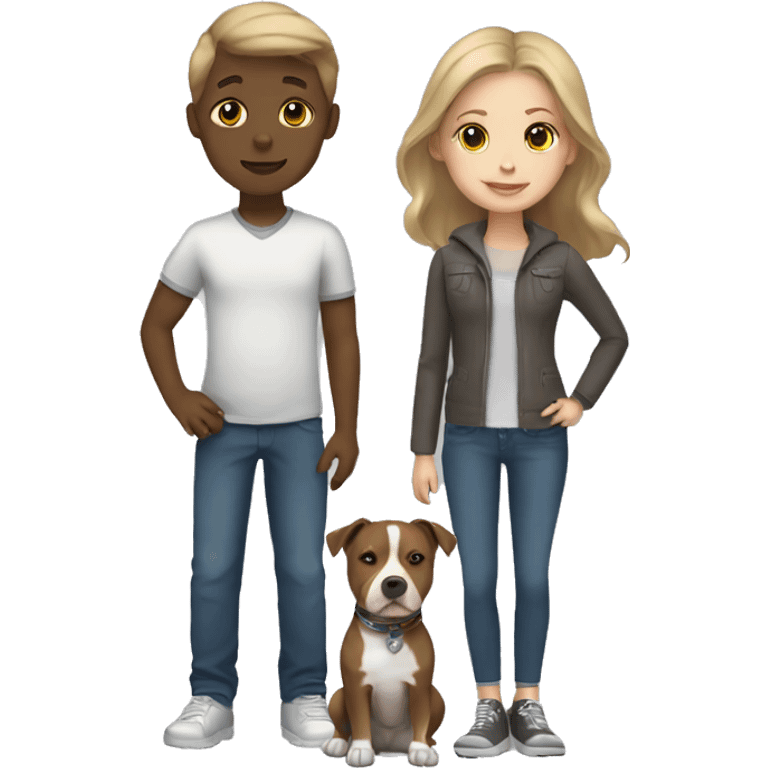 Boy with brown hair and blonde girl with a grey pitbull emoji