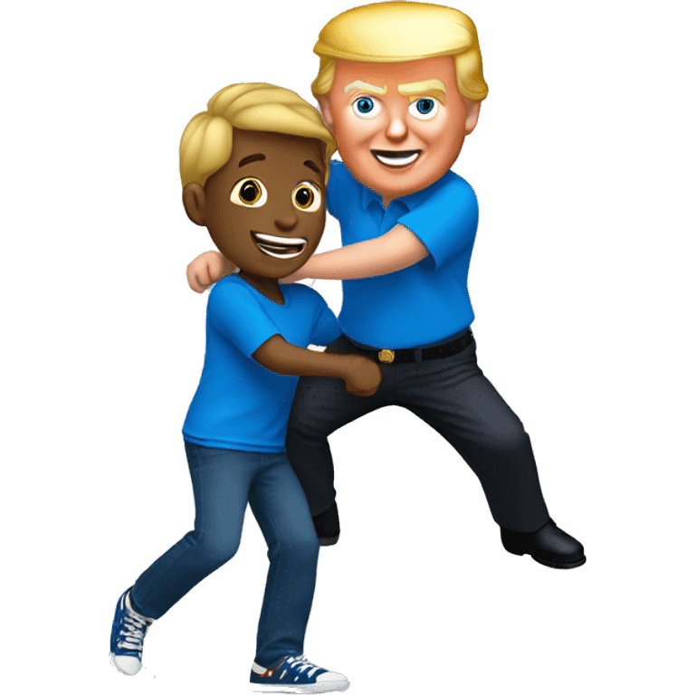 smiling boy in blue shirt dancing with Trump emoji