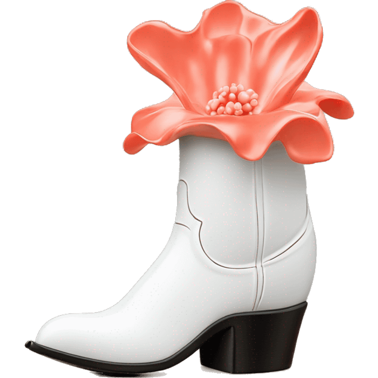 White cowgirl boot vase with coral sticking out of it emoji