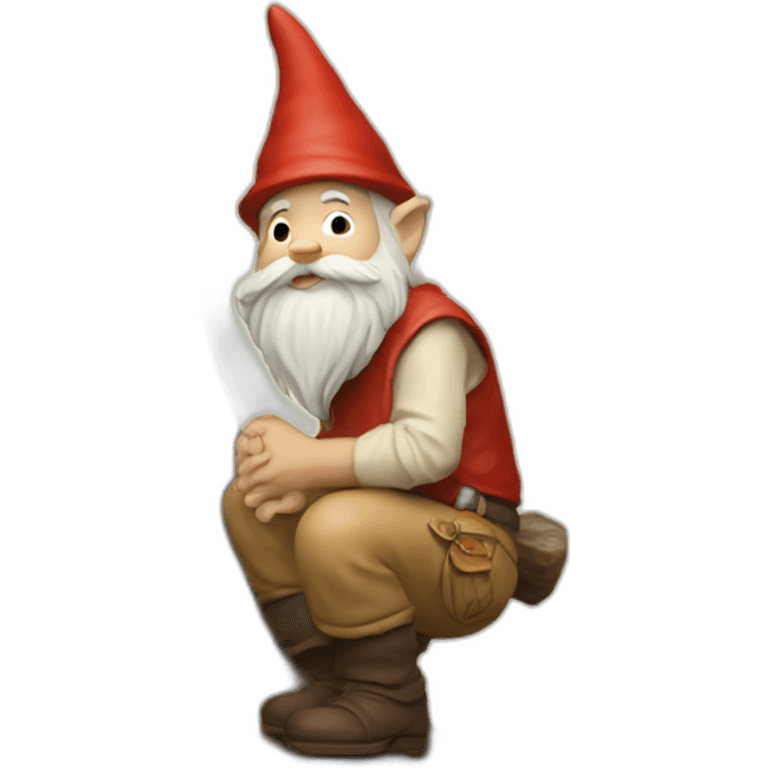 side view of gnome with light tan pants squatting above tiny brown log emoji